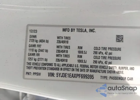 2023 Tesla Model 3 Rear-Wheel Drive z USA, uszkodzony, nr VIN 5YJ3E1EAXPF699395